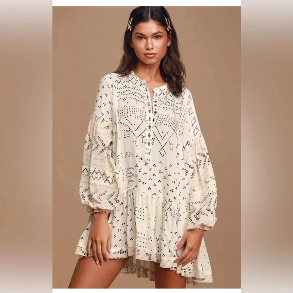 Free People Tops - Free People Shibori Ivory Print Long Sleeve Button-Up Tunic Dress Womans Size XS